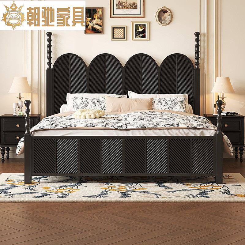 法式复古中古风全实木床雕花罗马柱黑色美式轻奢主卧床婚床公主床