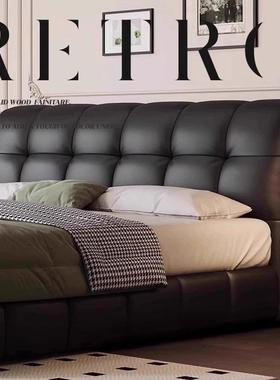 意式极简黑色现代简约真皮床奶油风泡芙高端大气轻奢储物主卧婚床