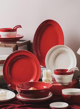 新款高颜值喜庆餐具套装新中式碗碟盘套装餐具乔迁新居红色碗餐具
