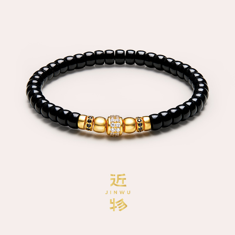 S925银镀金天然墨玉直切手串女款