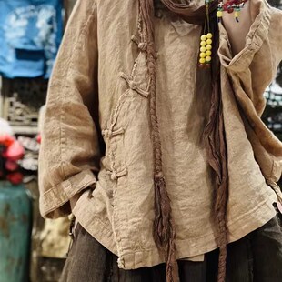 复古文艺装e亚麻长袖2024早春新款盘扣斜襟上衣宽松百搭衬衣