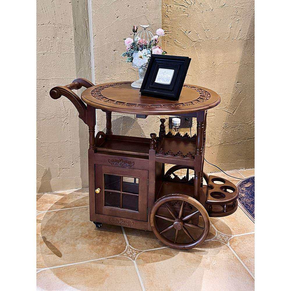美式实木餐车手推简约法式古典客厅折叠小边桌茶几中古风移动边几
