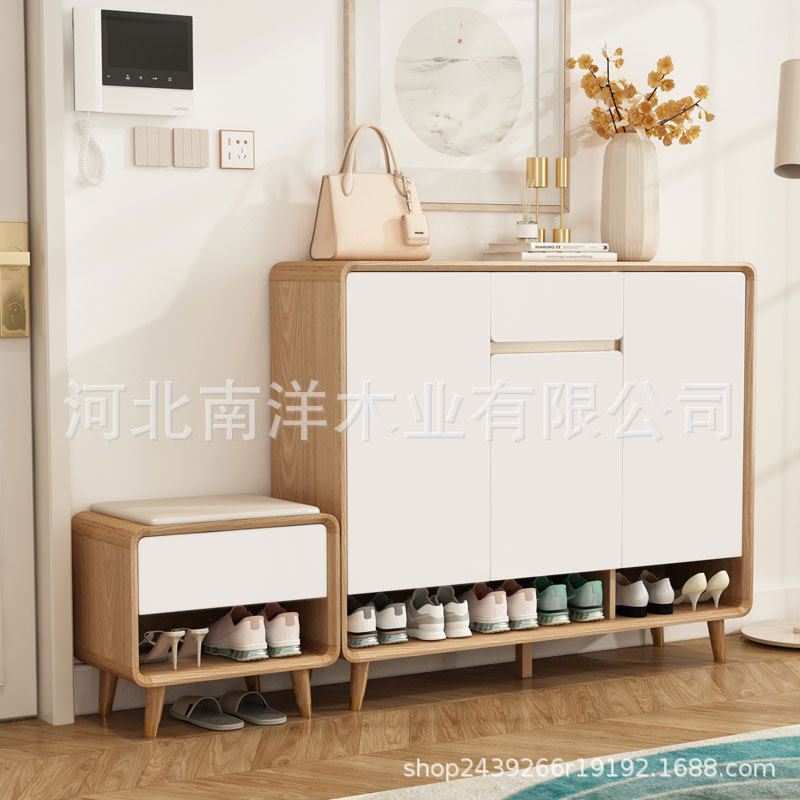 入户鞋柜北欧家用门口原木色简约现代换鞋凳大容量新款进门玄关柜