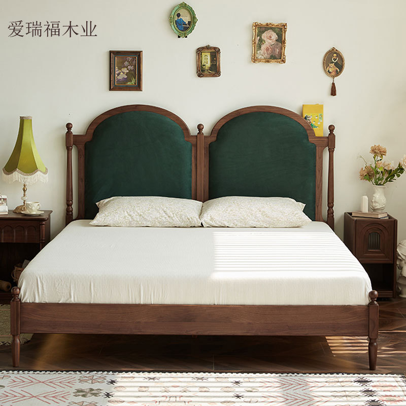 北欧黑胡桃木复古软包实木床法式樱桃木1.8米床靠背布艺双人大床