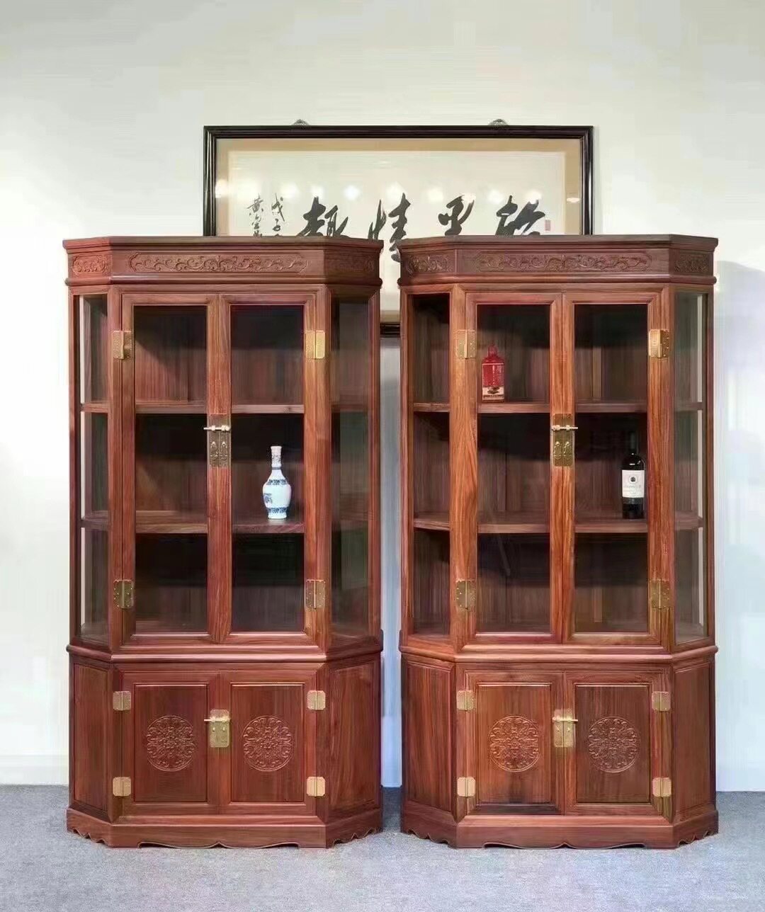 赞比亚血檀非洲小叶紫檀两组合玻璃酒柜展示柜书柜仿古红木家具