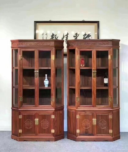 赞比亚血檀非洲小叶紫檀两组合玻璃酒柜展示柜书柜仿古红木家具