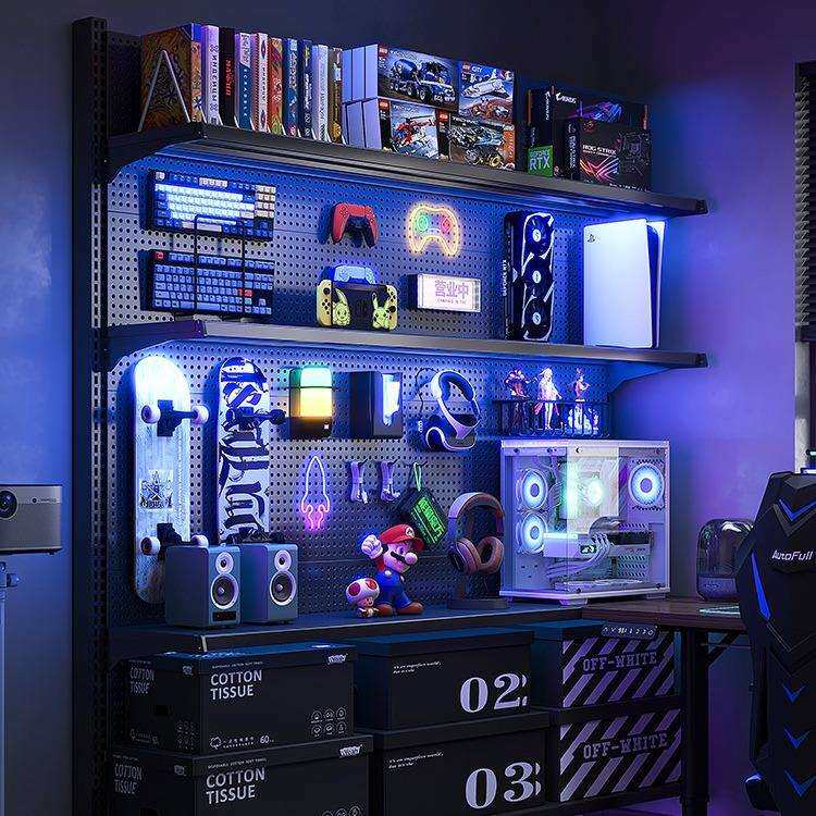 立式洞洞板置物架落地电竞房间装饰金属收纳架免打孔电脑桌面改造