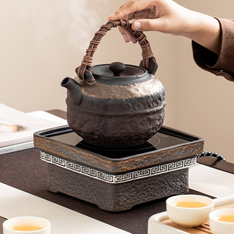 陶瓷复古粗陶煮茶炉电陶炉电炉丝电热中式煮茶器蒸茶器提梁煮茶壶