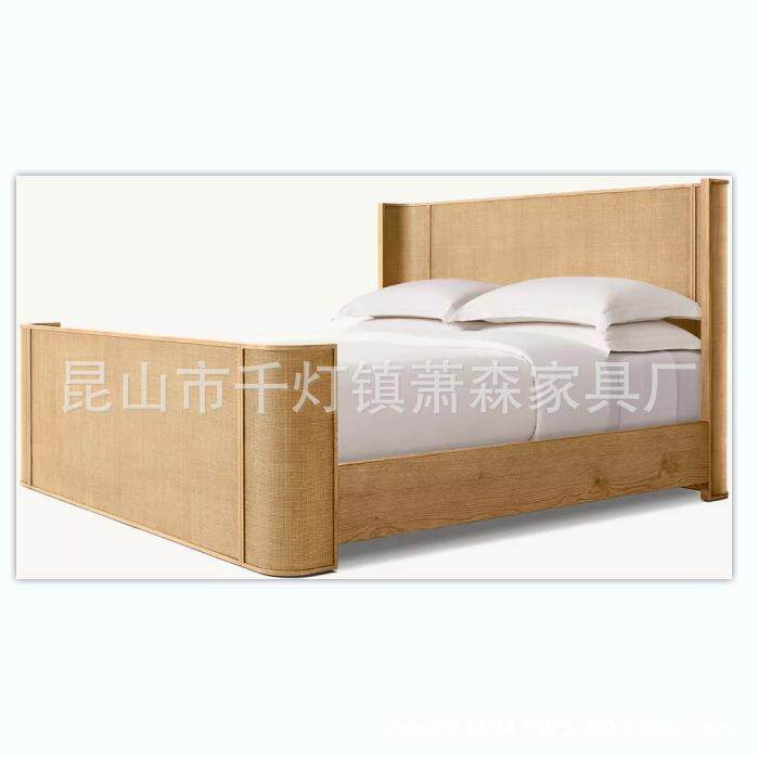 RH美式乡村复古橡木双人床简约现代主卧1.8大床法式高靠背公主床