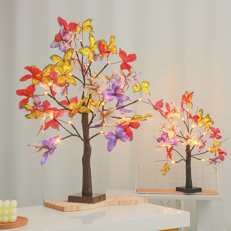 仿真led白桦树圣诞房间直播氛围摆件彩灯彩色发光蝴蝶led树灯批发