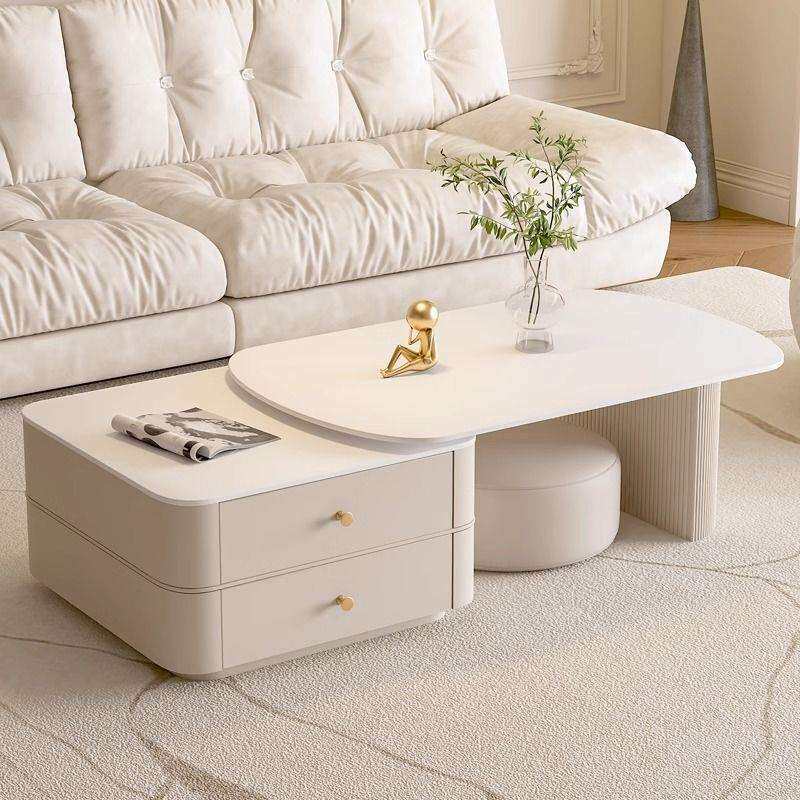 法式纯白岩板茶几轻奢现代简约奶油风客厅椭圆形家用小户型可伸缩