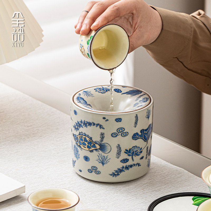 新款汝窑茶渣缸家用客厅办公室创意摆件防飞灰高端陶瓷烟灰缸建水