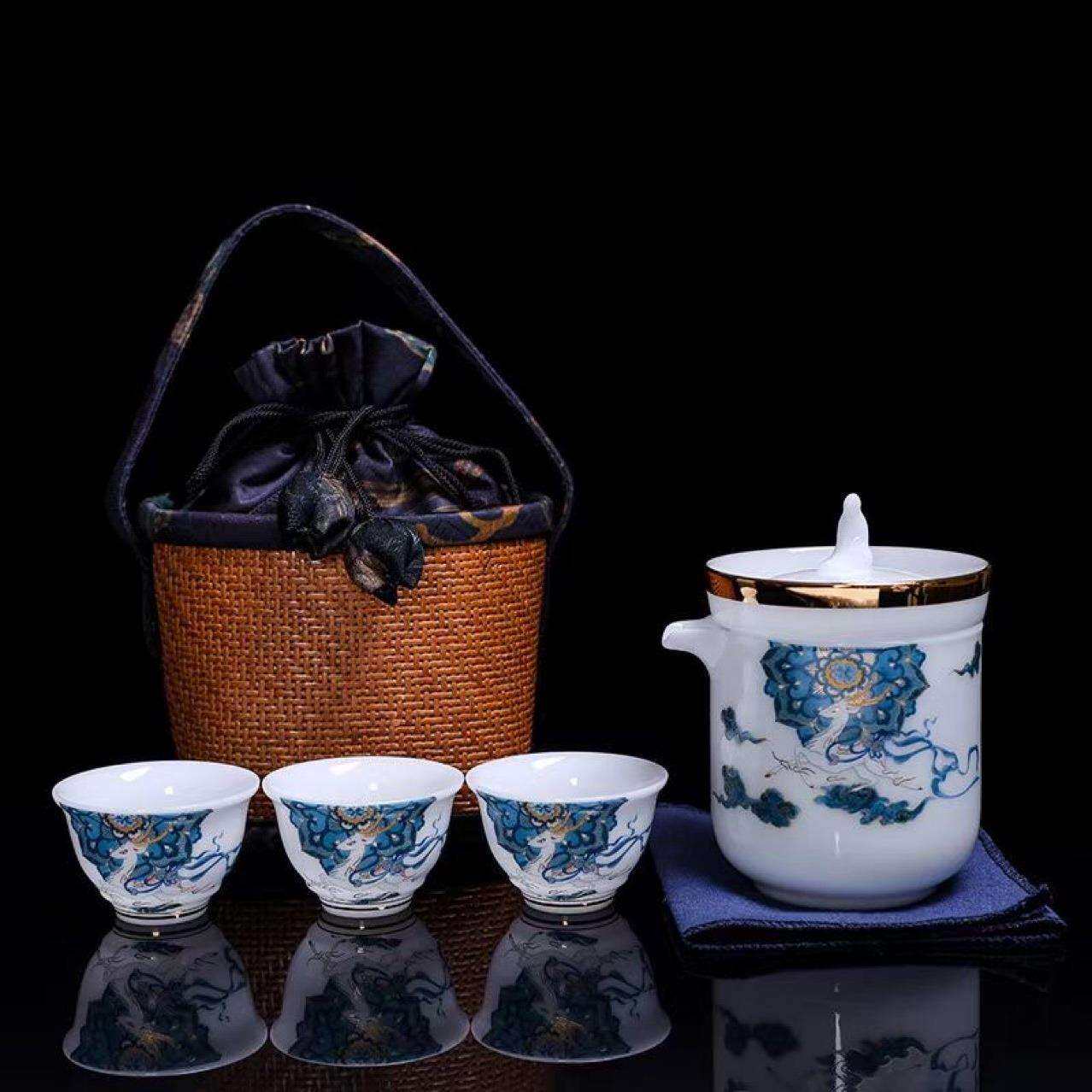 羊脂玉冰种旅行茶具白瓷快客杯套装陶瓷功夫杯户外便携式一壶三杯