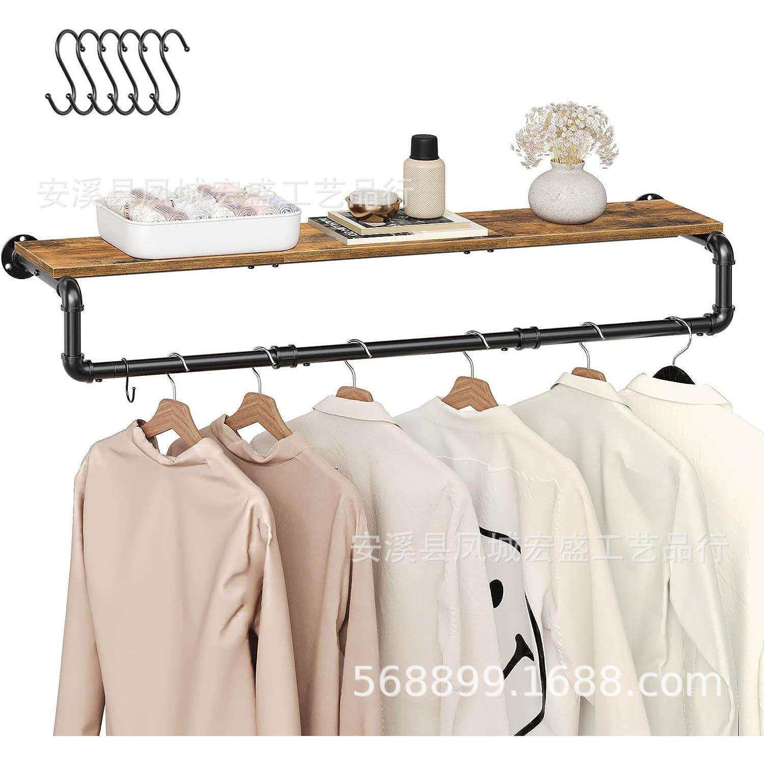 黑色单层服装店服装陈列架工业风壁挂式可置物衣架