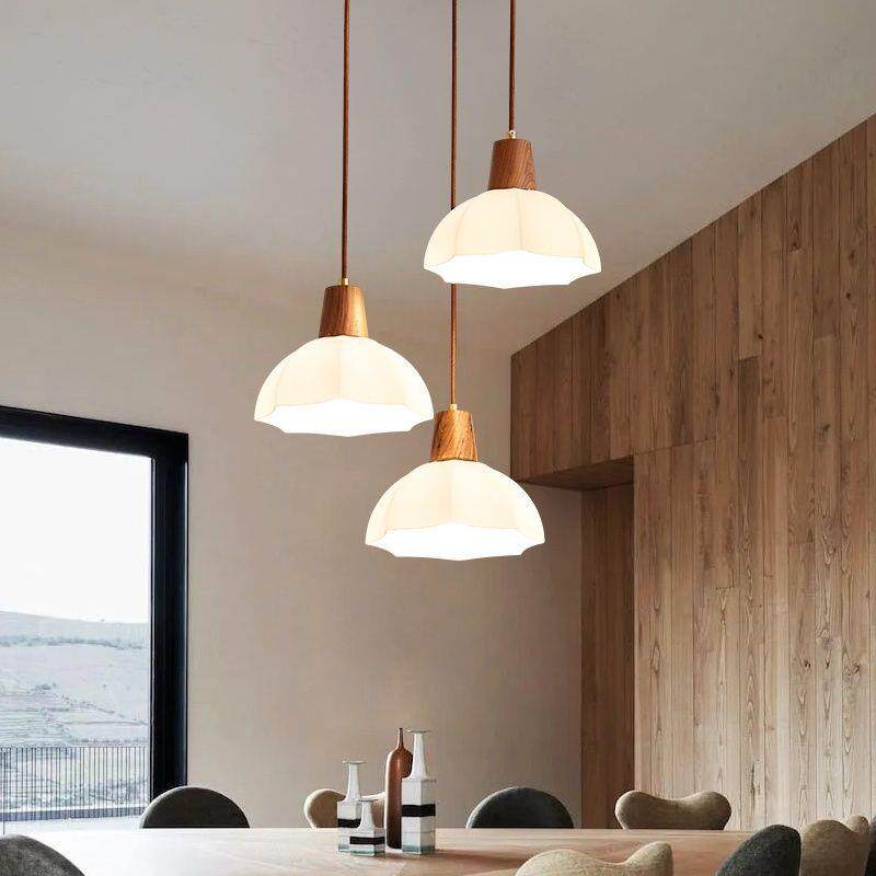 原木餐厅灯吊灯三头玻璃北欧led餐桌饭厅灯现代中式吧台灯具