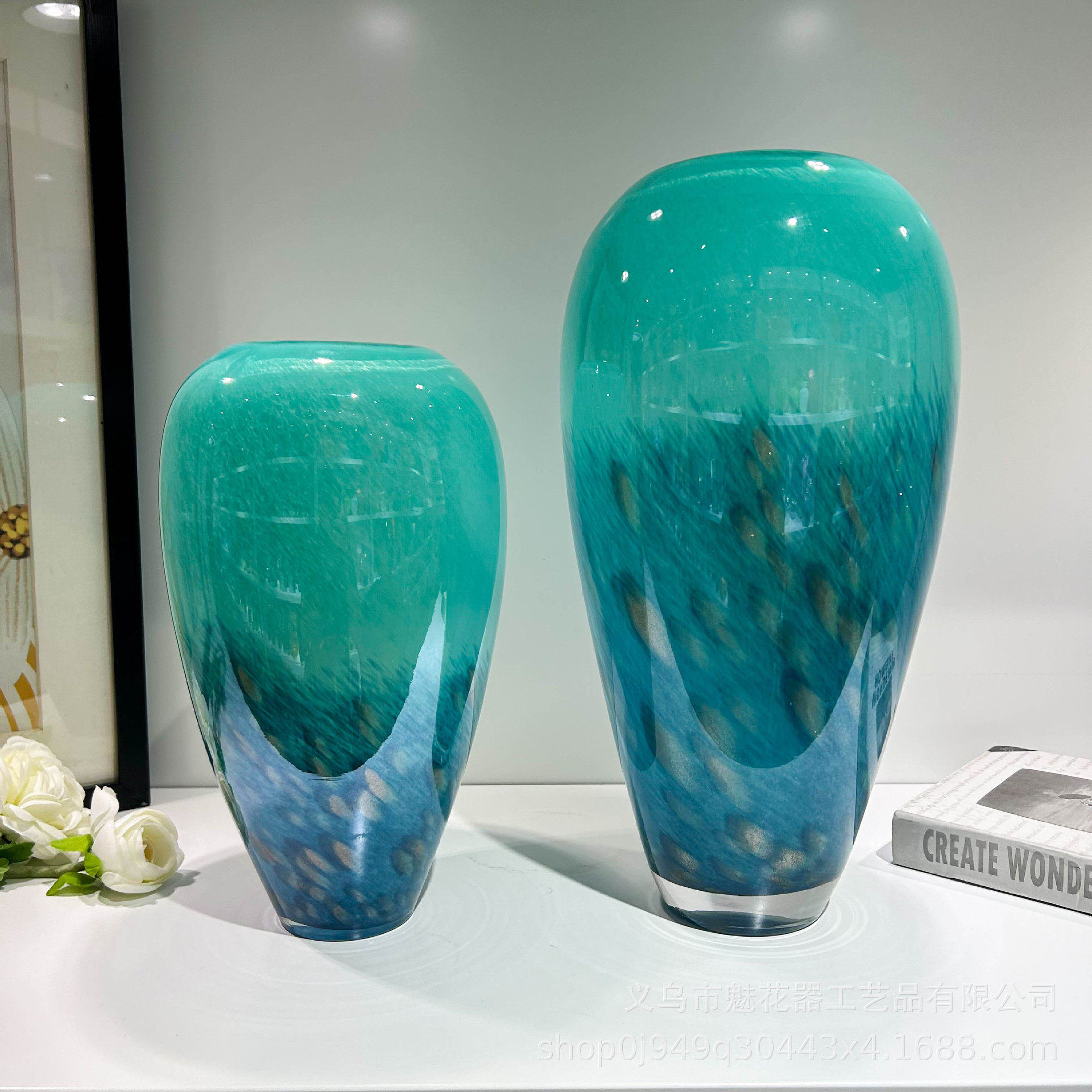 新中式渐变孔雀翎手工大口径琉璃花瓶电视柜博古架高级样板间摆件