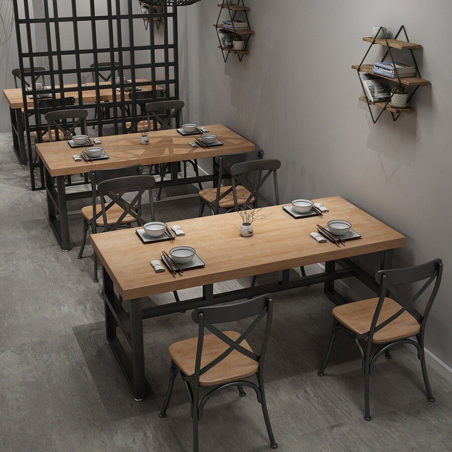 工业风复古长方形实木大餐桌铁艺实木简约主题酒店餐饮饭店桌椅子