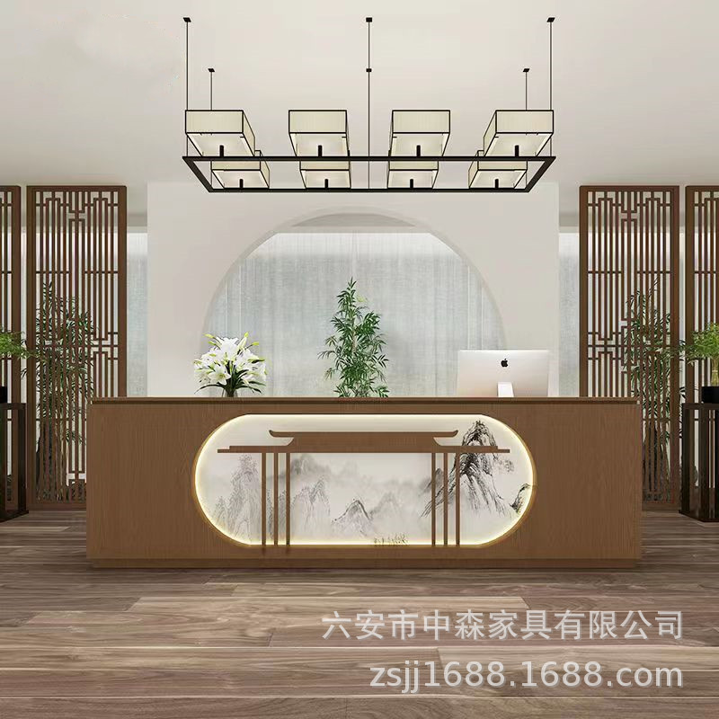 新中式收银台吧台公司前台接待台迎宾台采耳店理发店美容院收银台