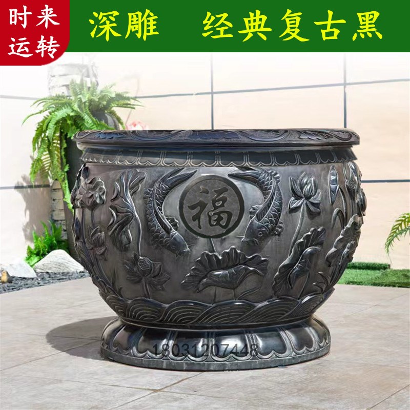 石雕鱼缸花盆天然青石仿古荷花缸庭院养鱼石头缸户外摆件门海石缸