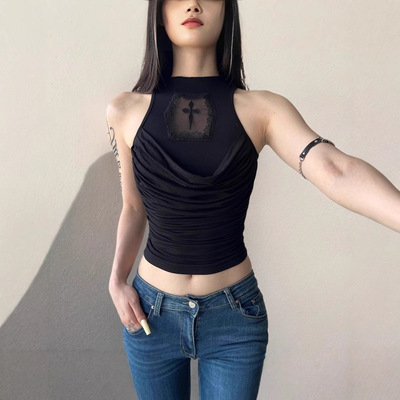 暗黑风小众印花无袖修身背心女辣妹荡领褶皱上衣复古网纱拼接