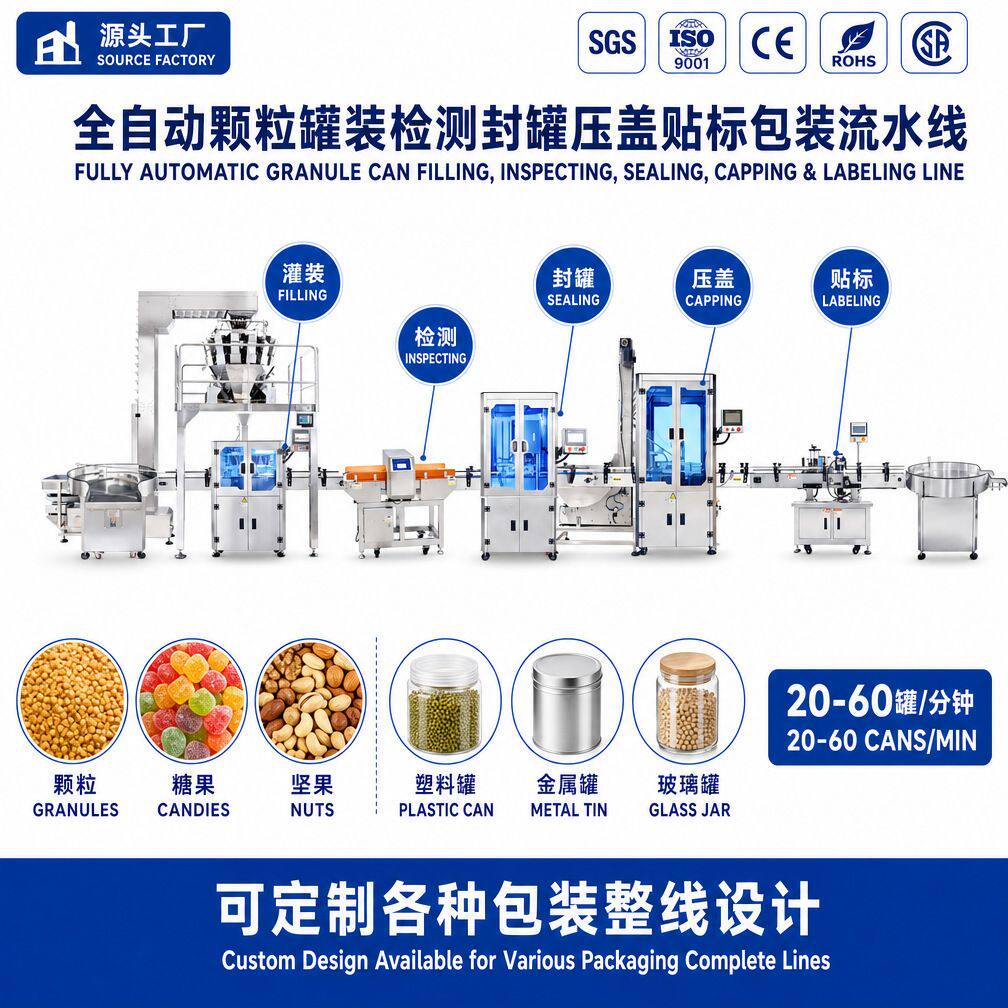 全自动坚果零食瓶装线食品罐装检测封罐压盖贴标包装流水线机器