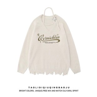 复古字母刺绣假o两件V领套头毛衣女秋冬季 美式 慵懒风软糯针织上衣