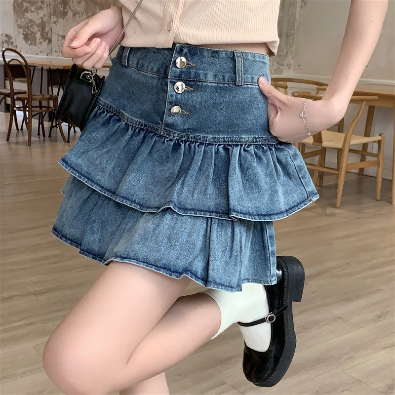 【翻斗花园日记】高腰花边蛋糕裙牛仔半身裙女设计感A字蓬蓬短裙