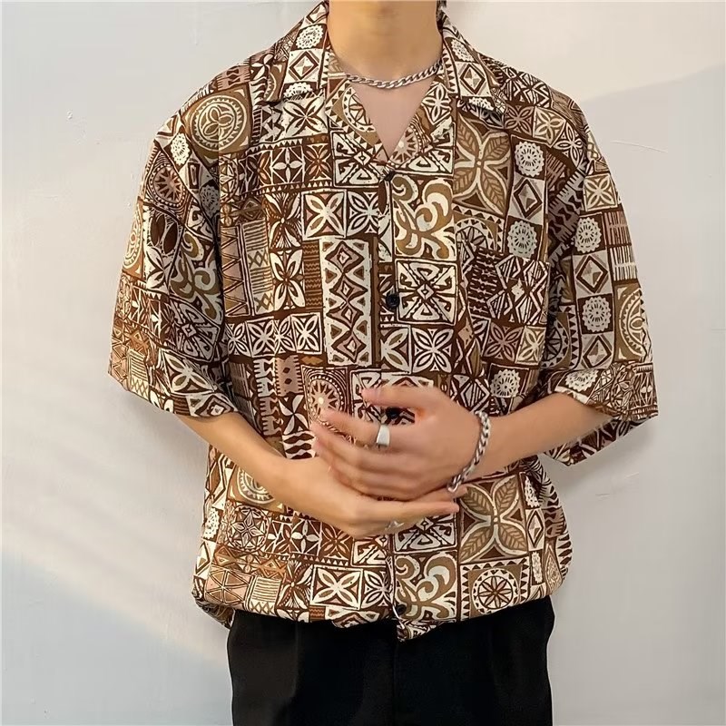 夏季短袖欧美风街头衬衫男复古夏威夷沙滩古巴领薄款情侣碎花衬衣