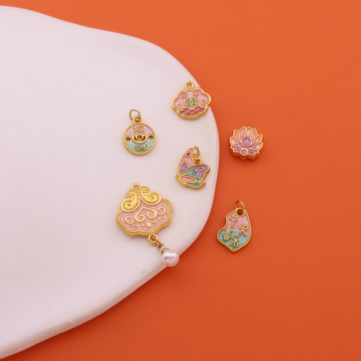 古法金配饰镶嵌珍珠吊坠滴油蝴蝶祥云手工diy手链项链饰品配件