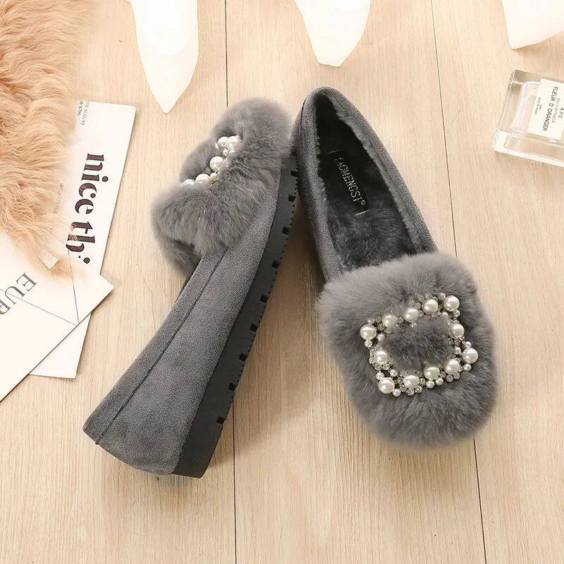 Rabbit Fur Flats with Crystal & Pearl Buckle - Taobao product photo 4