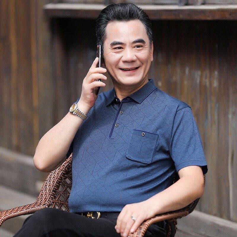 中年男士冰丝上衣爸爸装短袖t恤中老年男装半袖夏装爷爷装打底衫