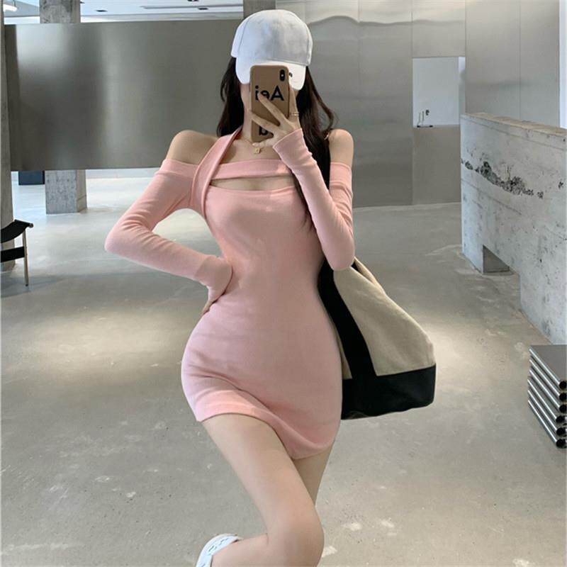 春秋新款性感辣妹打底裙镂空挂脖一字肩露肩包臀短裙子女连衣裙子
