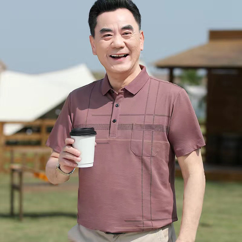 爸爸夏装t恤中年男士短袖t恤翻领上衣中老年人上衣爷爷装爆款