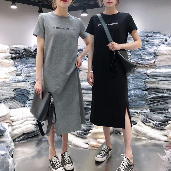 夏季短袖连衣裙女式休闲遮肚大码宽松中长款过膝打底t恤裙子