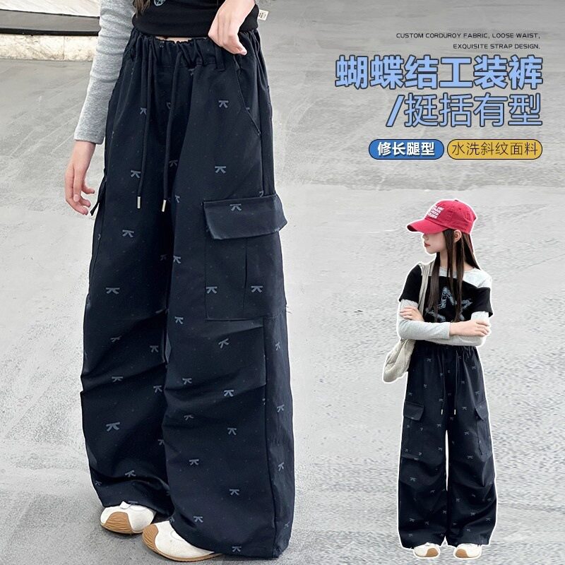 女童工装裤秋季新款儿童装休闲蝴蝶卡通裤中大童长裤子春秋装