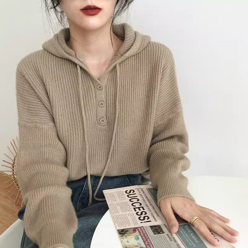 毛衣女秋冬装复古外穿日系风宽松韩版新款连帽针织衫百搭女装