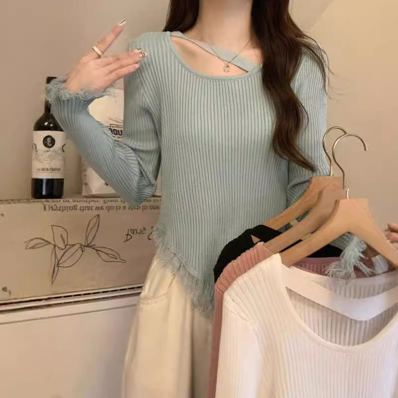 纯欲不规则流苏小心机漏锁骨洋气长袖打底针织衫女独特别致小上衣