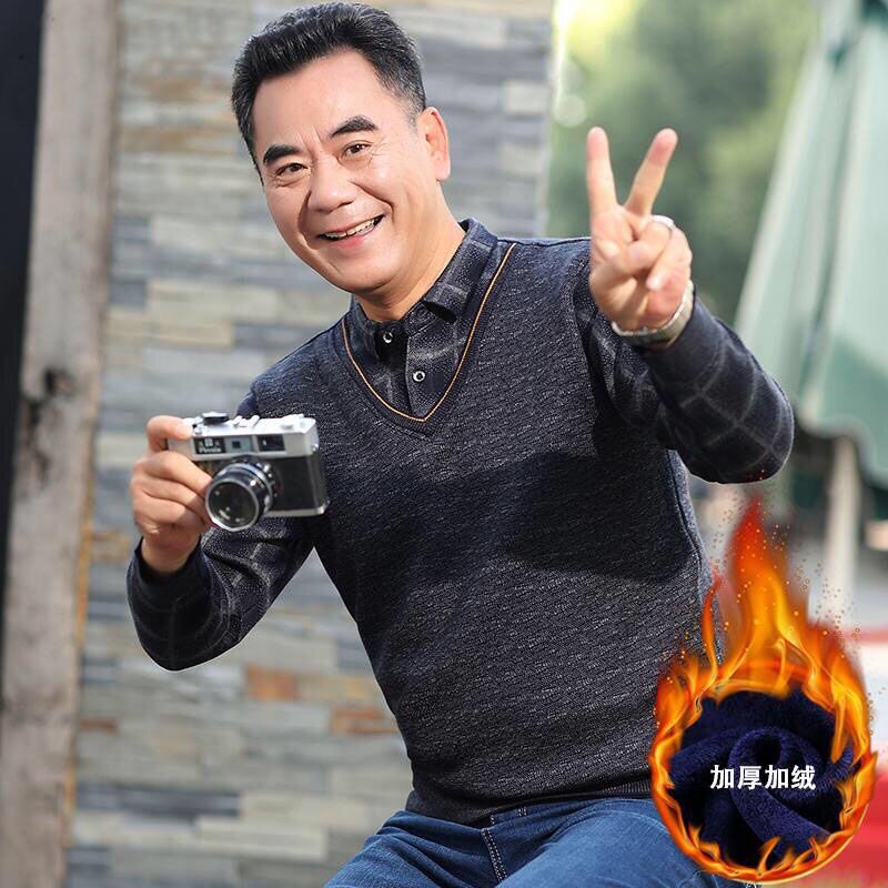 中老年秋冬假两件长袖棉t恤加绒加厚爸爸装毛衣中年男士保暖上衣