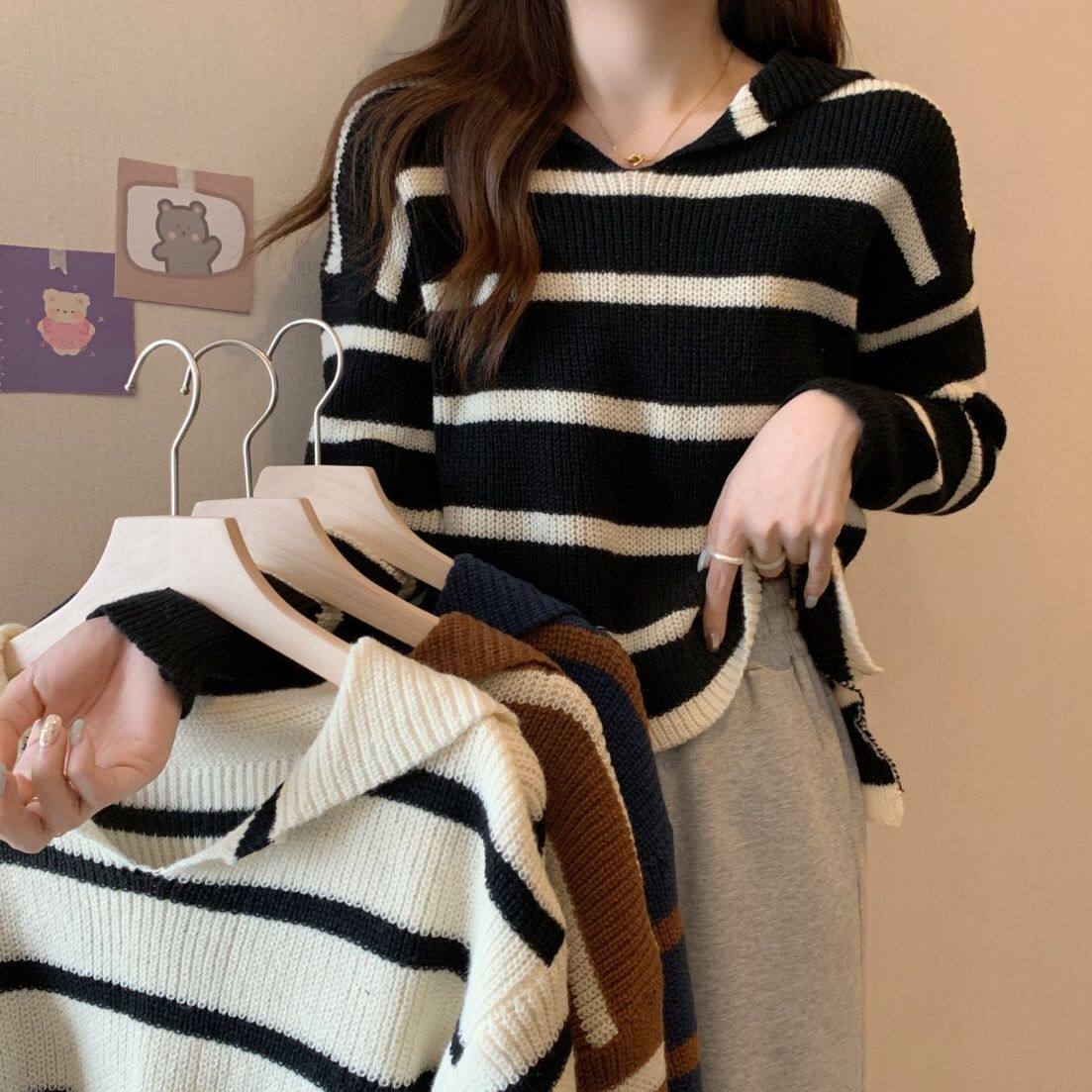 秋冬新款休闲百搭毛衣女复古短款条纹打底衫海军领长袖针织衫女