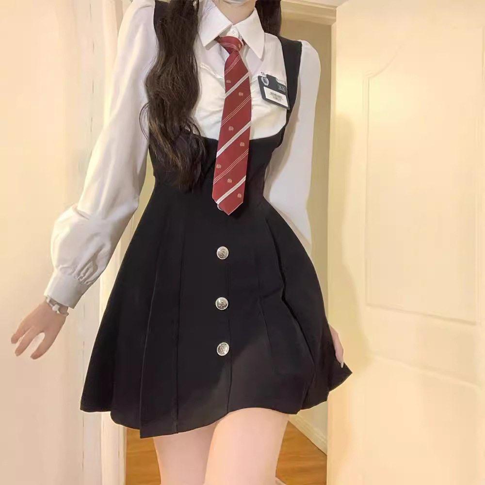 学院风jk制服套装美式收腰显瘦假两件连衣裙女早秋季长袖衬衫新款
