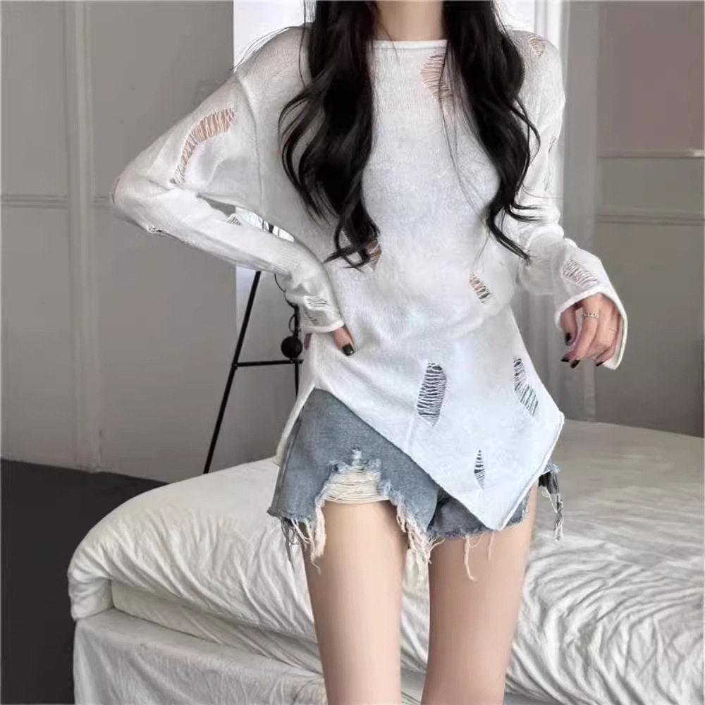 不规则开叉镂空破洞长袖针织衫女秋季设计感纯欲修身别致罩衫上衣