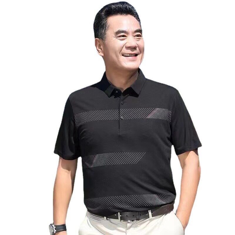 爸爸夏装短袖t恤中老年男士条纹polo衫翻领休闲宽松男式上衣