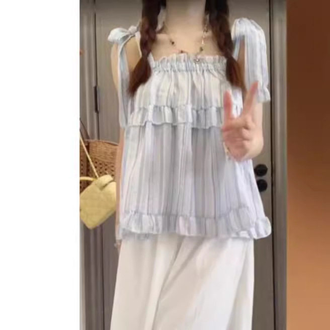 甜美小清新纯欲条纹吊带背心女夏季薄款外穿宽松显瘦衬衫短款上衣