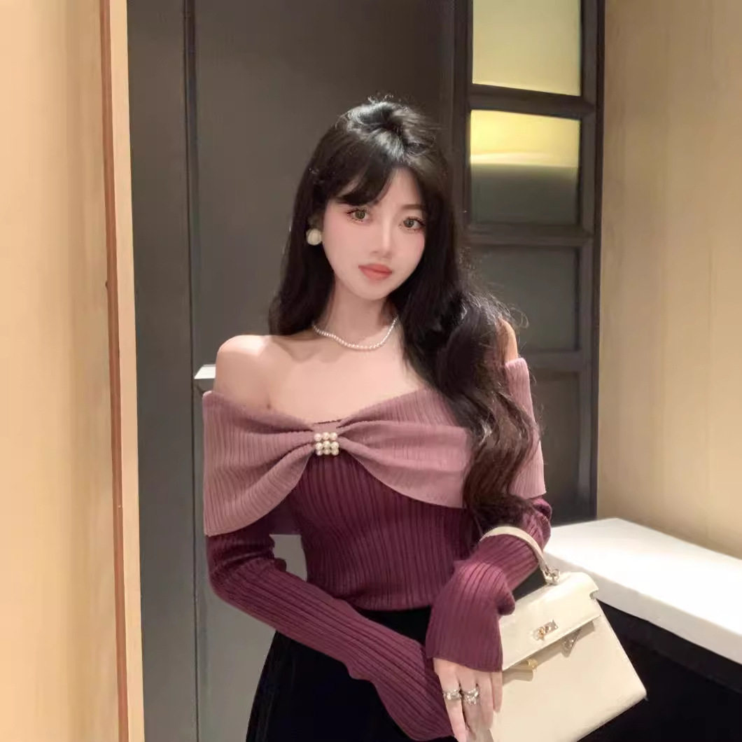 小香风一字肩蝴蝶结毛衣女秋冬气质法式露肩上衣针织衫打底衫