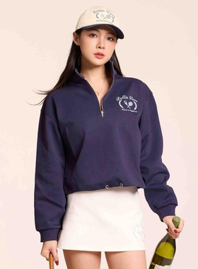 早秋蓝色原创休闲卫衣“球拍与酒杯”老钱风宽松百搭网球运动卫衣