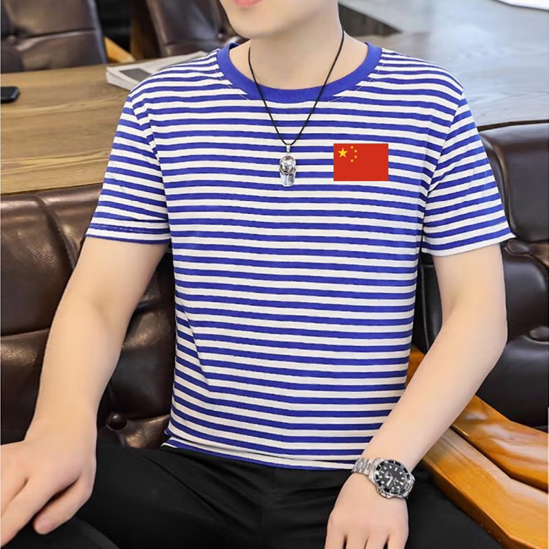 海魂衫短袖男蓝白j条纹女T恤水手服红旗五角星活动聚会服定制LOGO