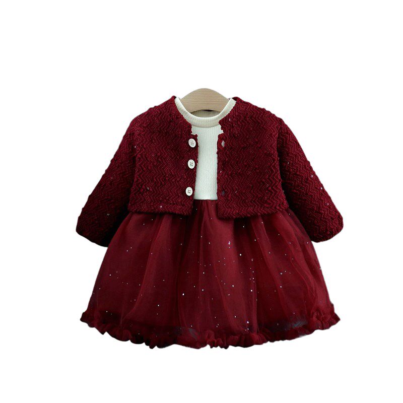 周岁女宝礼服女童连n衣裙春装婴儿抓周宴红色套装洋气公主裙两件