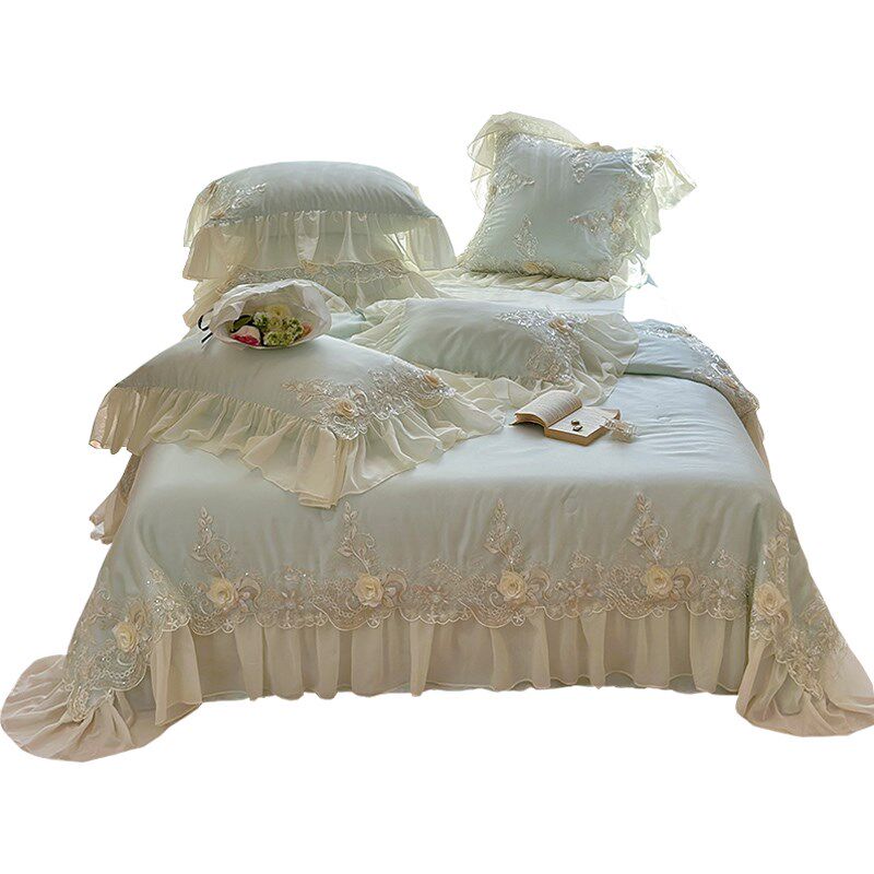 法式少女LF兰精天丝夏凉被四件套公主I风蕾丝边空调薄被子凉感床