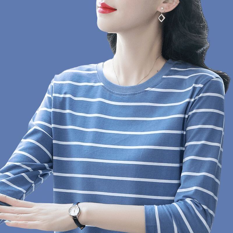 纯棉长袖t恤女2024秋季新款时尚条纹打底衫中年妈妈Y宽松减龄上衣