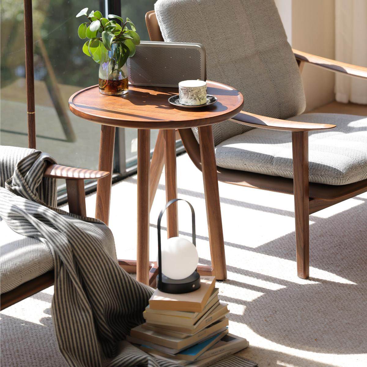 北美黑胡桃实木圆形茶几北欧客厅原木边几简约现代轻奢小户型茶桌